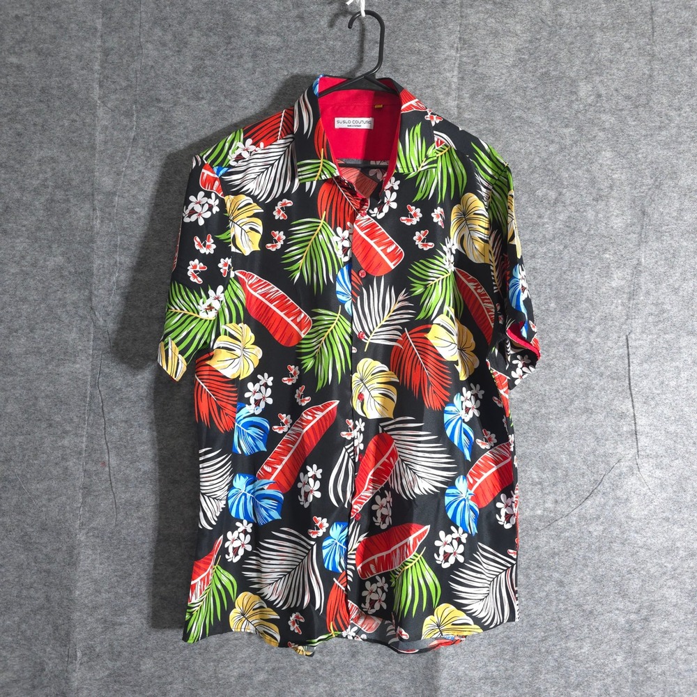 Suslo Couture Hawaiian Shirt Mens Tropical Palm Leaf Print Button Up 3XL